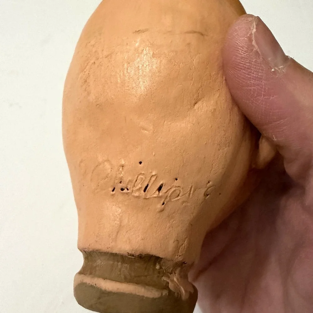 Phillips Signed Clay Doll Head Glass Eyes Belga Handcrafted Folk Art Puppet